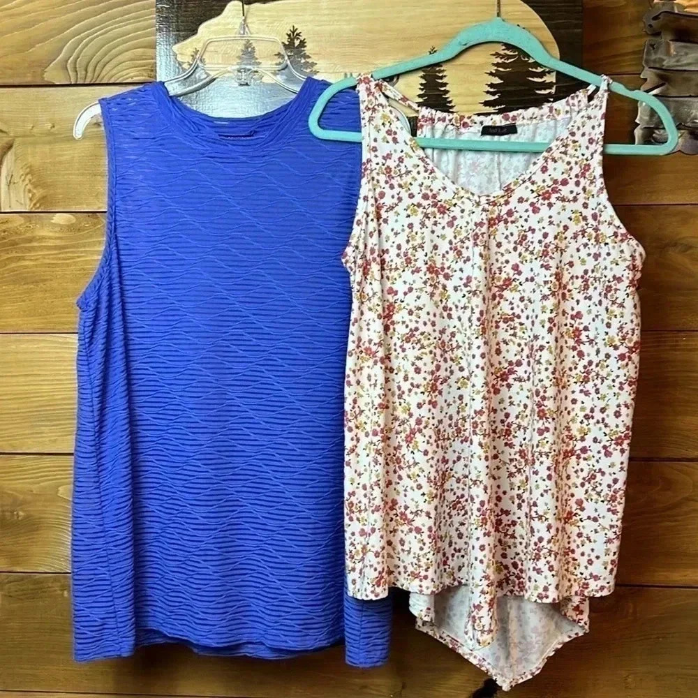 LOT OF 2 TANK TOPS XL ONE BLUE SEE THROUGH, ONE FLORAL‎ SUMMER BOHO Y2K